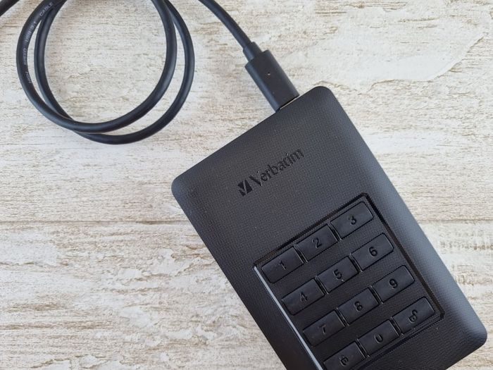 An external USB hard drive used for backing up important files